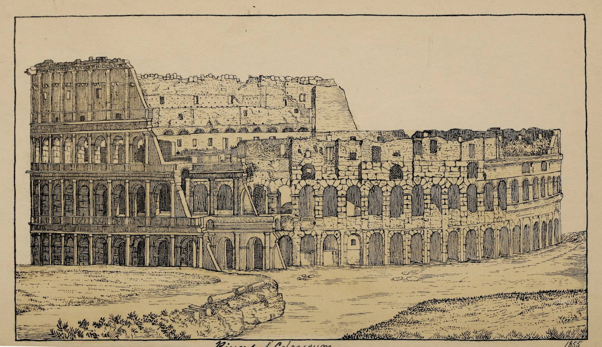 Image of a dilapidated colloseum, drawn by hand. Artist: Richard Deakin; Year: 1855; Image Sourced from Public Domain Image Archive, Biodiversity Heritage Library, Internet Archive, University of Toronto Libraries